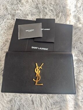 Saint Laurent Black Leather Clutch with Gold YSL Emblem